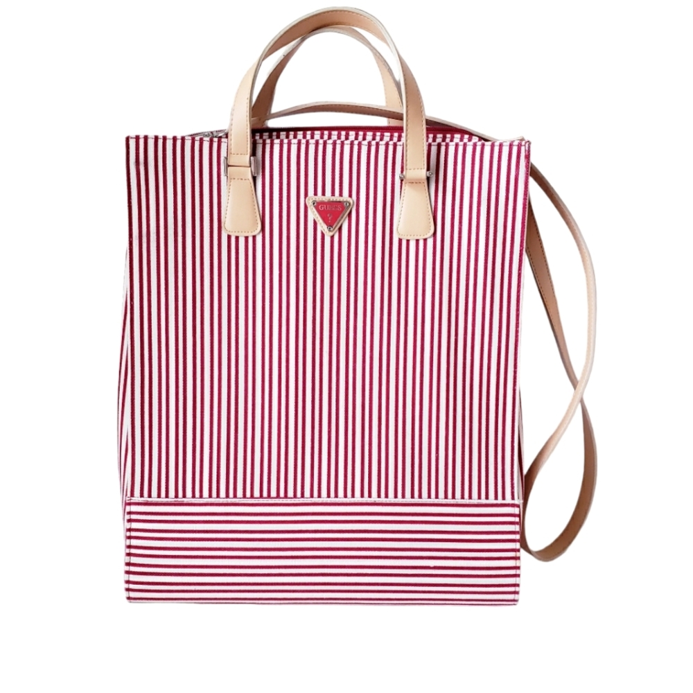 Vintage Guess Red and White Striped Shopper Tote Bag